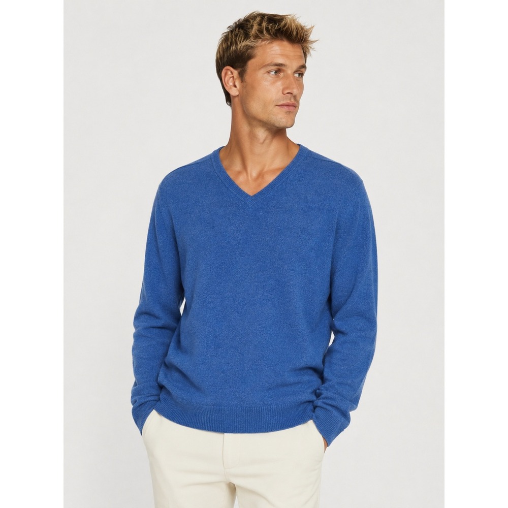 Alan Paine Blue Pure Lambswool V-Neck Long sleeve Sweater Size UK 48 EUR 56